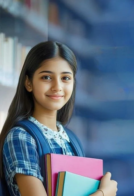Young Female Student Carrying Books A smiling young girl with long dark hair, wearing a blue plaid shirt and backpack, holding colorful books.