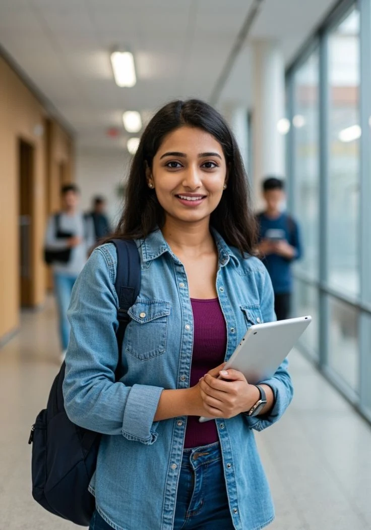 Female Student Holding Tablet in Hallway A smiling young woman with long dark hair, wearing a denim jacket and carrying a backpack and tablet in a school hallway.
